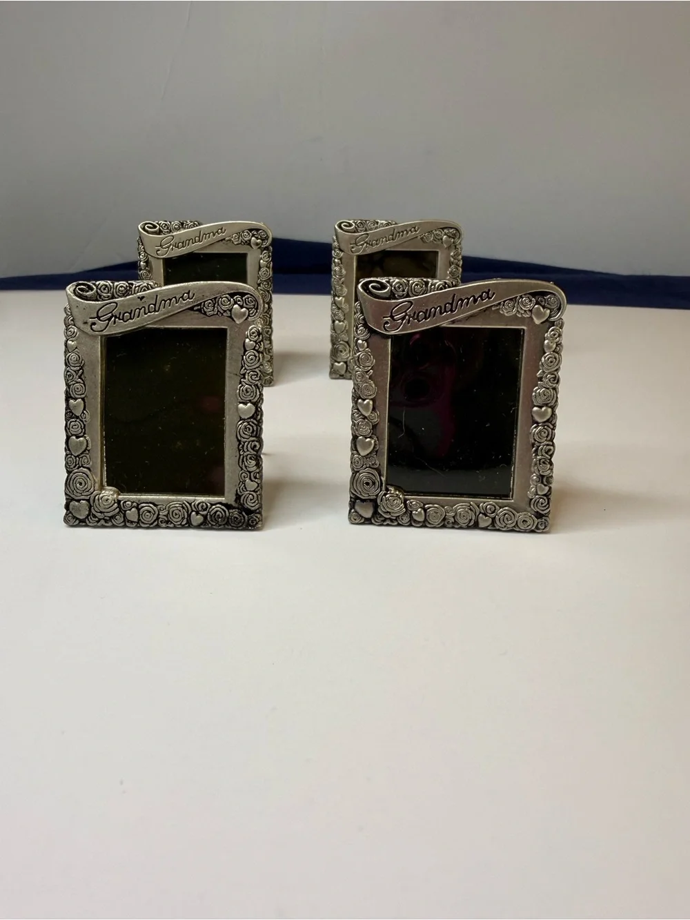 Set of 4 Grandma Mini Photo Frames Rose Heart Easel Pin Back Silver Tone